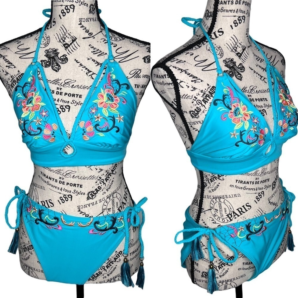 Bohemian Teal Turquoise Floral Embroidered Two Piece Bikini Swim Suit Size Small - Picture 3 of 16